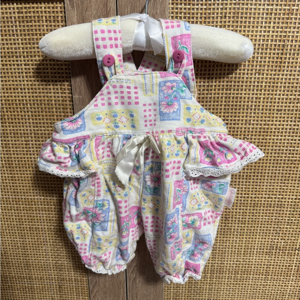 Vintage Pink and Yellow Patchwork Overalls with Ruffled Sides 100% cotton